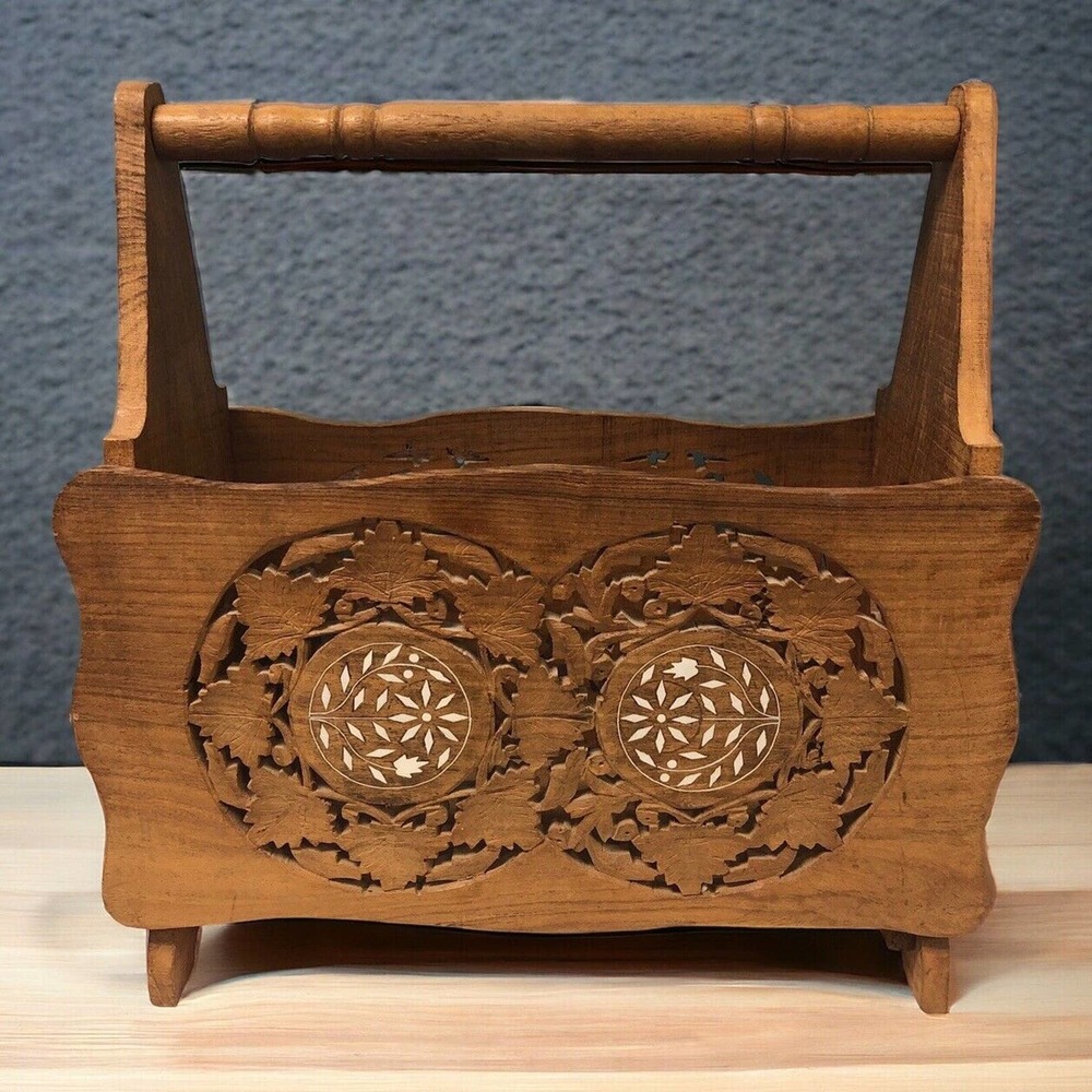 Vtg Mid-Century Hand Carved Leaf Teak Wood Magazine Stand‎ Holder Rack Sewing